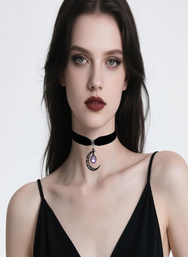 Asiamist Gothic Moon Necklace Earrings Set for Women Black Velvet Choker Necklace Punk Moon Dangle Earring Vintage Crystal Crescent Cameo Pendant Necklaces Goth Jewelry Halloween Costume Accessories (Purple) - Image 4
